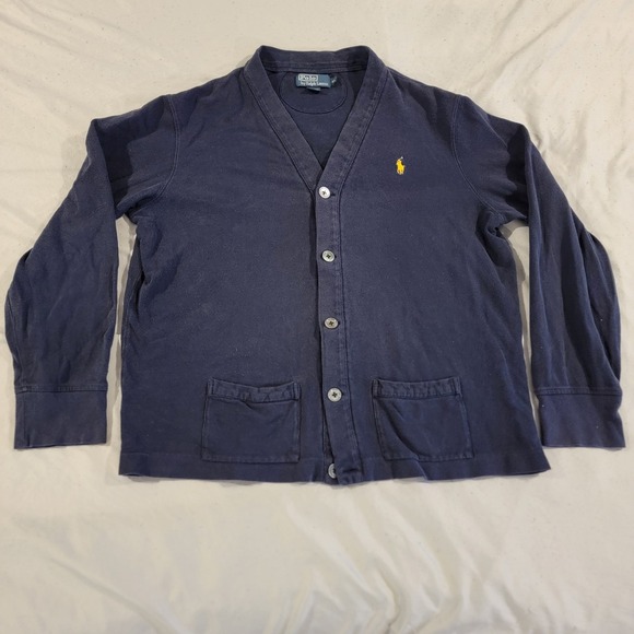 Vintage Polo Ralph Lauren V-Neck Cardigan Mens Size XL Navy 100% Cotton - Picture 2 of 5